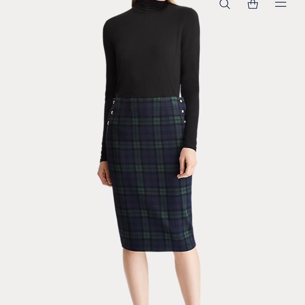 Lauren Ralph Lauren Plaid Knit Jacquard Pencil Skirt Gold Buttons L